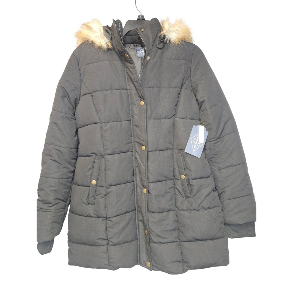 St Johns Bay Womens Black Puffer Jacket Faux Fur Hood XS New
